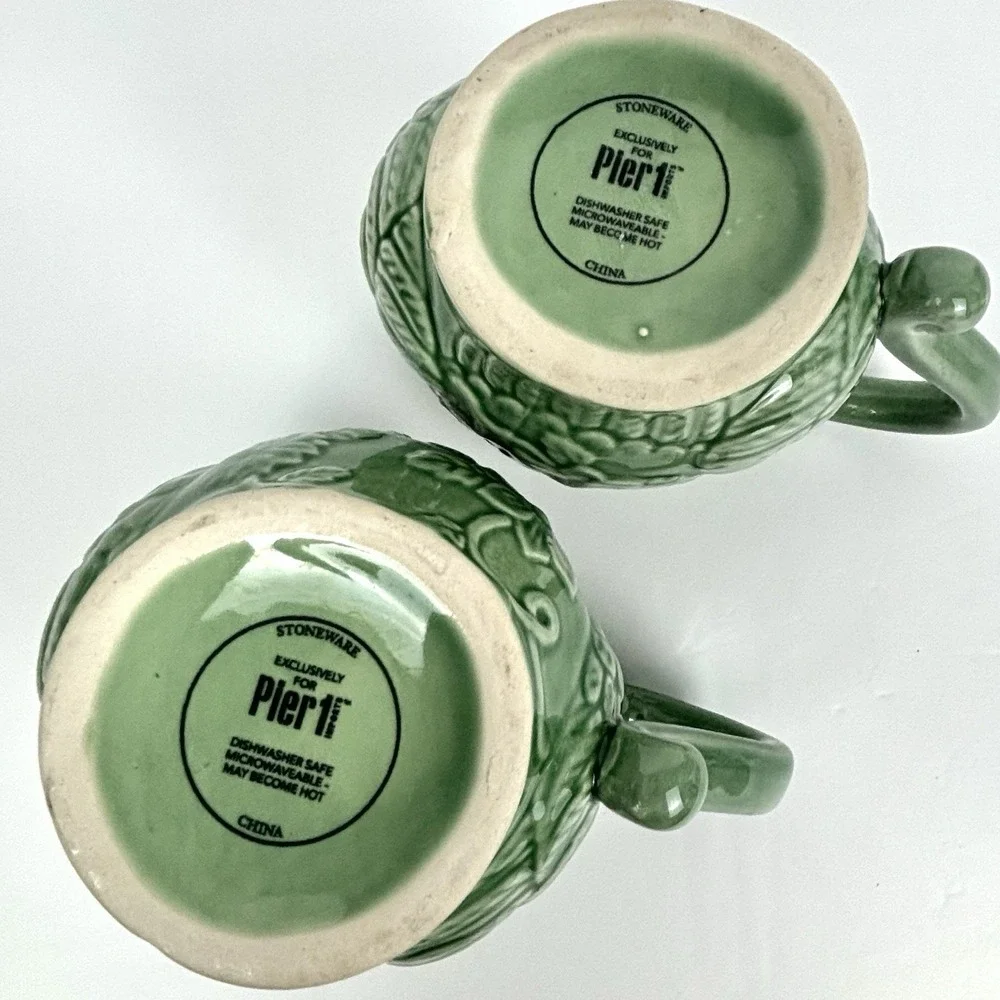 Pier 1 Stoneware Owl Mugs Set of 2 Sage Jade Green Embossed Floral Coffee Cups